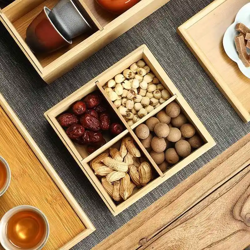 

Creative Bamboo Handheld Cover Storage Box Wedding Gift Dried Fruit Tray Simple Chinese Style 183 Plates Display Stand Early ...