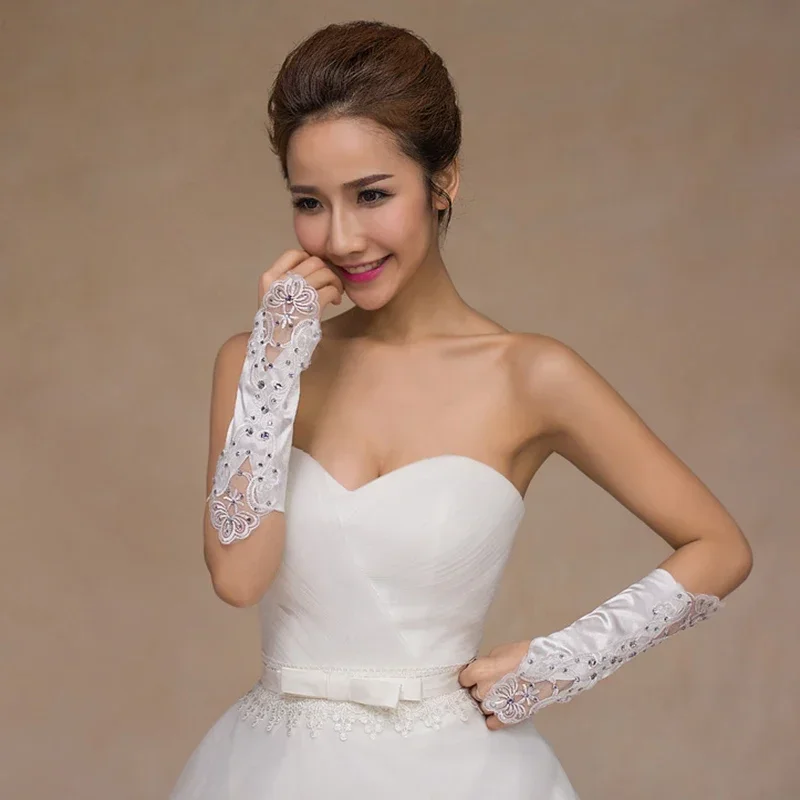 

Женские кружевные длинные перчатки без пальцев, белые, с бисером, атласные, вышитые, для свадеб и вечеринок