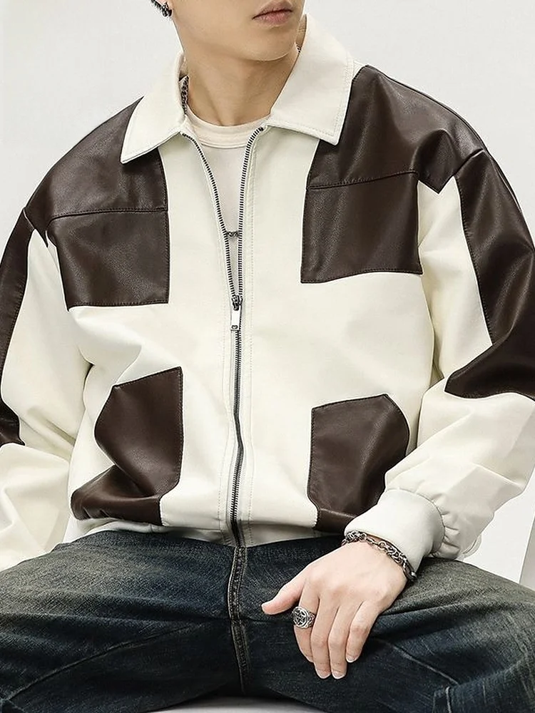 

American Splicing Leather Jaet Men's Autumn New Faion Loose Casual Collar Jaet Outerwear for Young Men