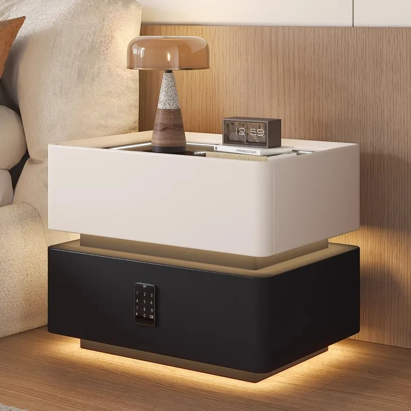 โต๊ะข้างเตียงอัจฉริยะทันสมัยพร้อมโคมไฟ ทำจากไม้เนื้อแข็ง ตู้เก็บของในห้องนอนสไตล์มินิมอลทันสมัยพร้อมสัมผัสแห่งเทคโนโลยี