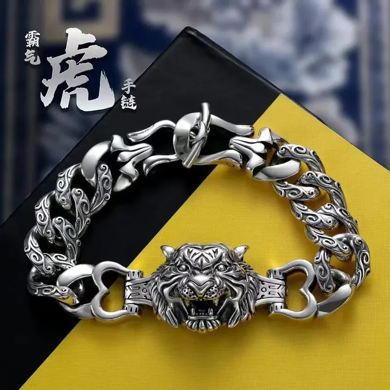 

Fashion Bracelet S925 Silver Men's Fashion Brand Tiger Head Bracelet Simple Personality Versatile Plus Bold Hegemony Bangle