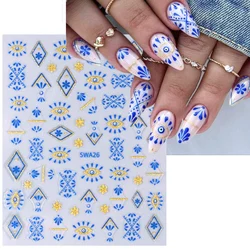 3D Bohemian Style Nail Art Stickers Blue Glitter Lace Mandala Flower Petals Evil Eye French Line DIY Manicure Sliders Decoration