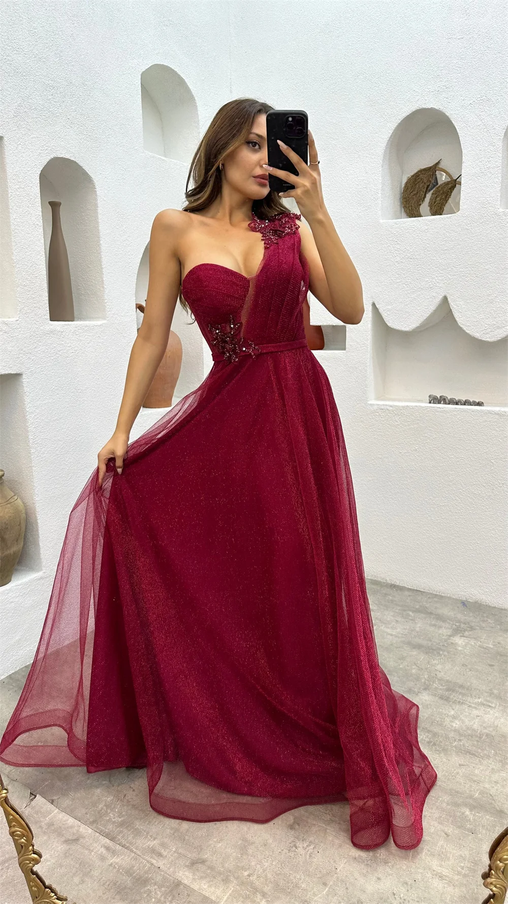 Jessica One Shoulder Glittering Beading Prom Dresses Red Glitter Tulle Evening Dresses A-shaped Elegant Wedding Party Dress