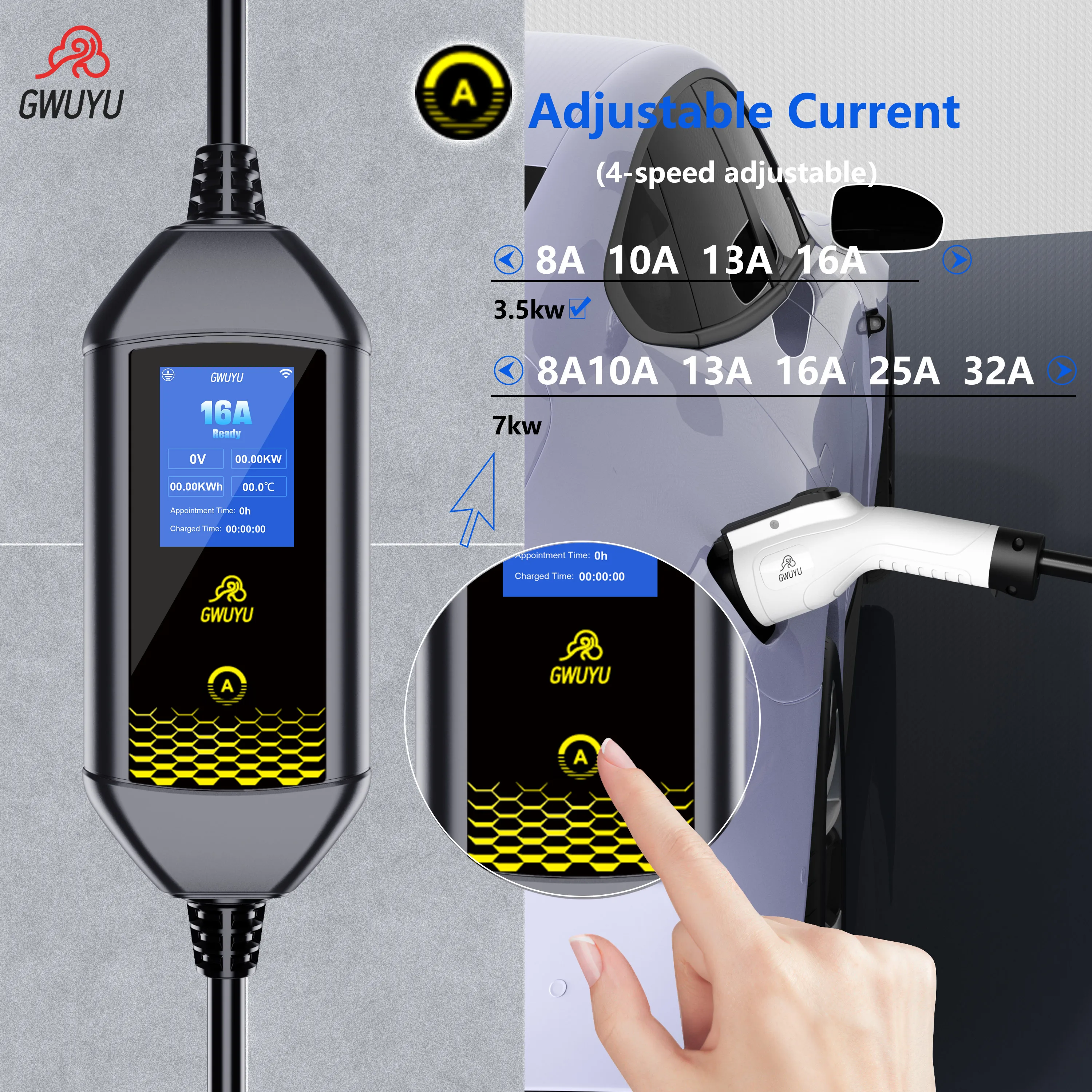 GWUYU EV شاحن محمول 3.5KW 16A 1 المرحلة Type2/GBT التوصيل محطة شحن صندوق الحائط مع WiFi بلوتوث APP التحكم Type1 4m #5