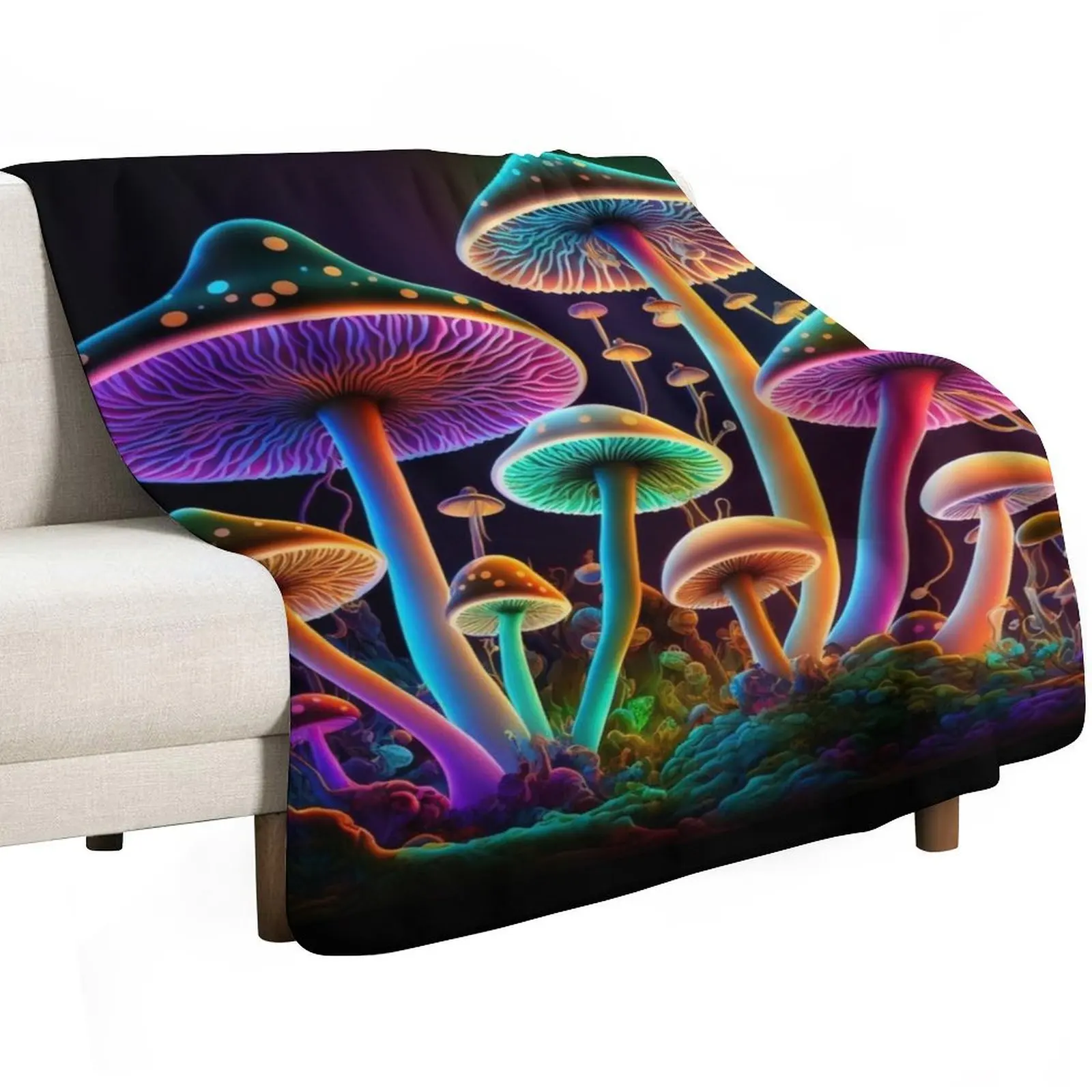 Glowing Psychedelic Mushrooms Throw Blanket Wrinkle Resistant Lightweight Blanket