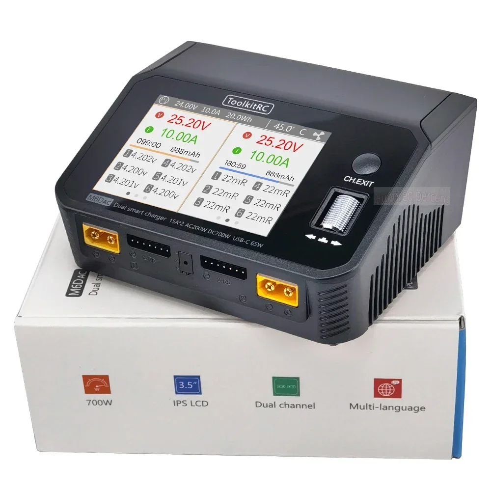 

НОВОЕ ToolkitRC M6DAC двухканальное умное зарядное устройство Lipo, разрядное устройство переменного тока 200 Вт постоянного тока 350WX2 15A для 1-6S LiHV PD 65 Вт