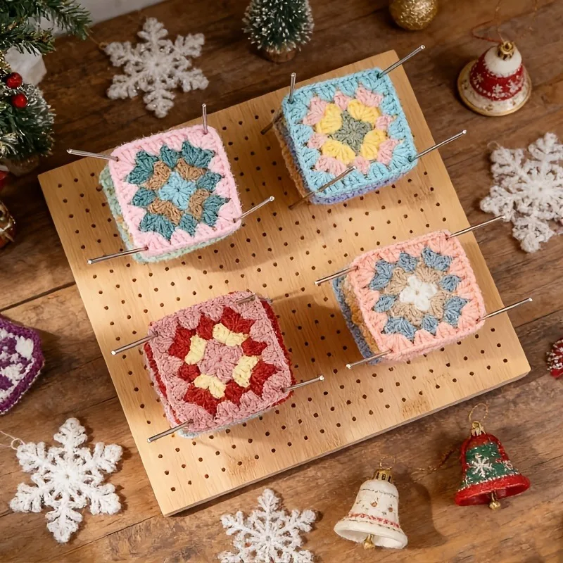 Wooden Crochet Shaping Board, Square Threading Board with Fixed Rod and Needle Pad, Precise Positioning of Yarn