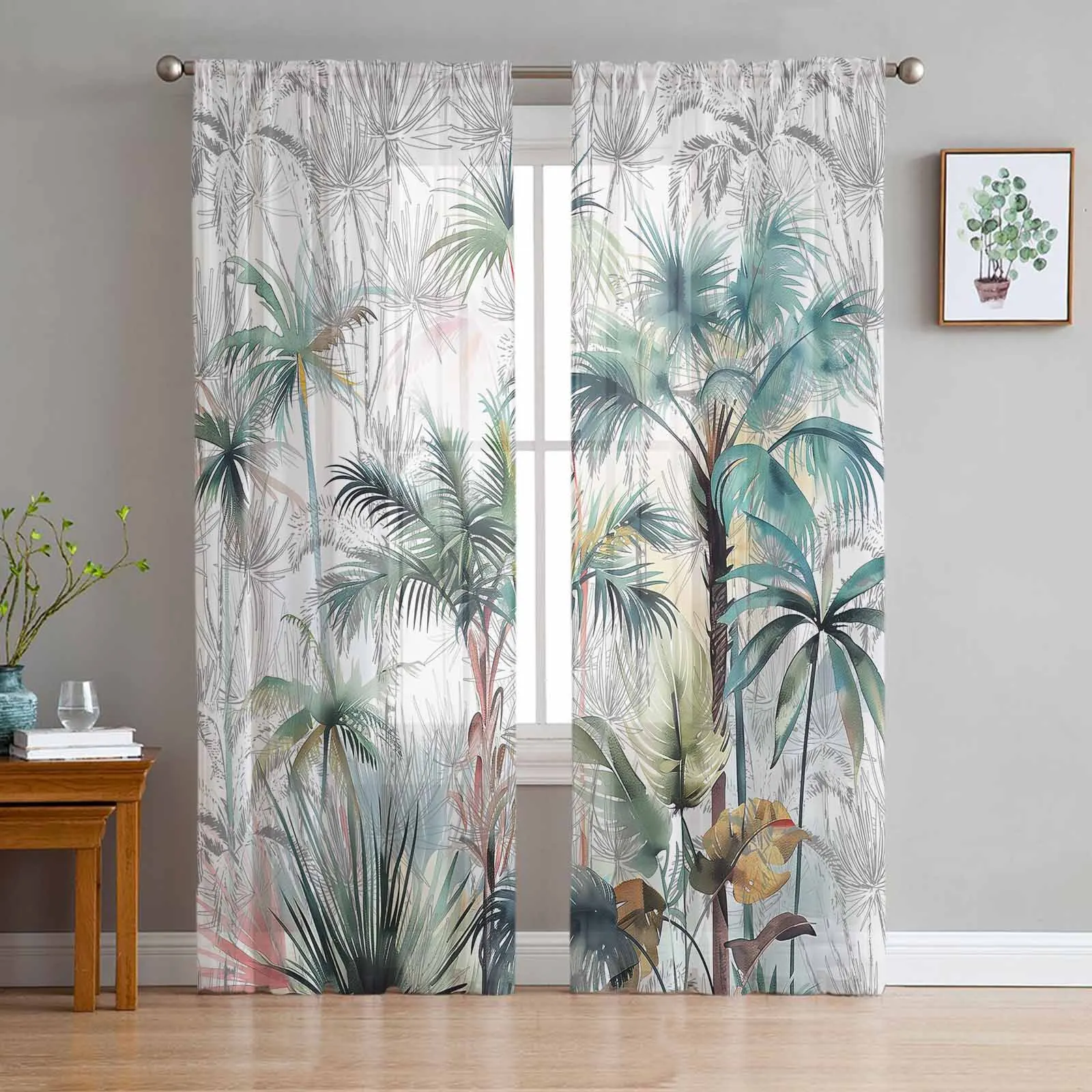 Tropical Plant Palm Tree Sheer Tulle Curtains for Living Room Valance Curtains Kitchen Bedroom Window Voile Drapery