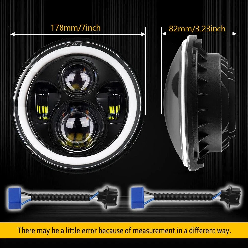 2PCS 7 Inch LED Headlight Round Projector Driving Lamp with Blue Angel Eye Halo Ring H4 H13 Adapter for Jeep Wrangler