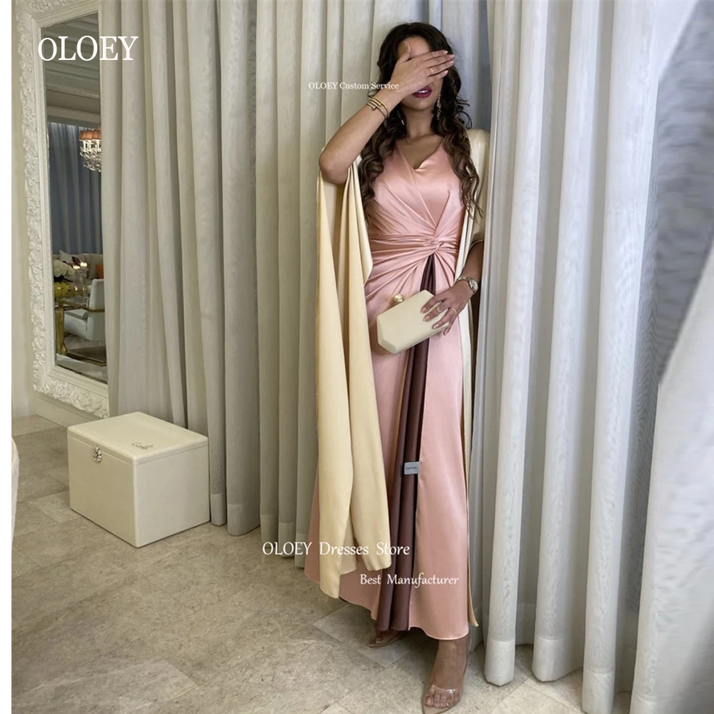 

OLOEY Elegant Pearls Pink Saudi Arabic Women Evening Dresses Long Cape Sleeves Split Party Occcasion Formal Gowns Outfit 2023