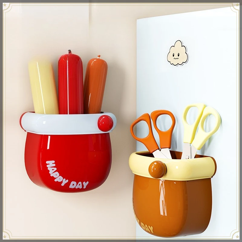 Cute Style Magnetic Refrigerator Storage Box ABS Material Wall-mounted Hole-Free Multi-functional Kitchen Storage Rack