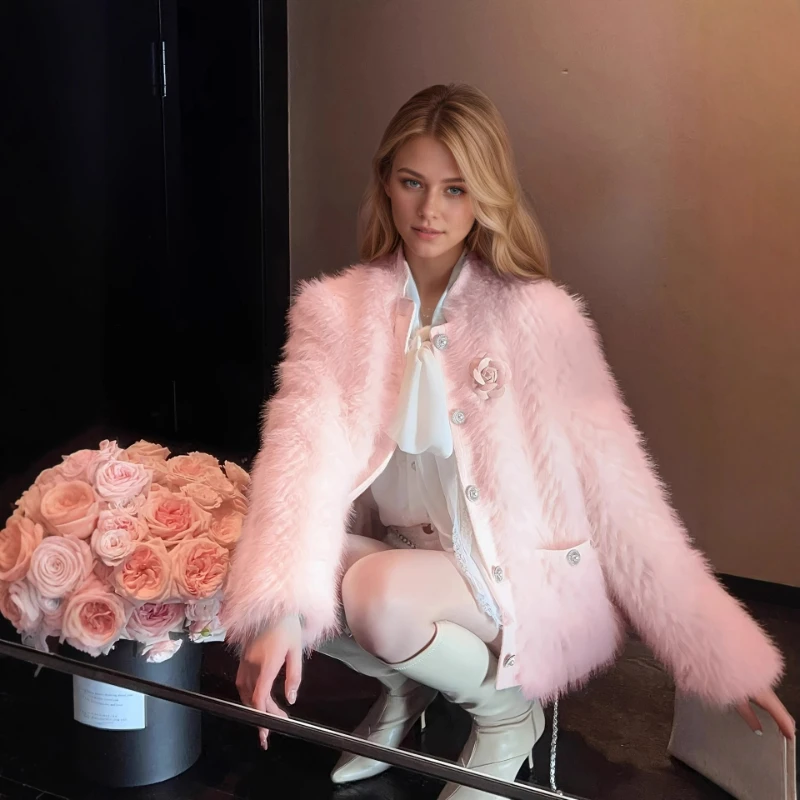 

American Socialite Style Three-dimensional Flower Single-breasted Coat for Women 2026 Winter New Fashion Fox Fur Thickened Coats