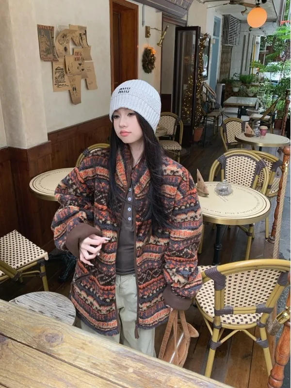 

plus Size Warmth Outerwear Lamb Fur Jaet Loose Fit Stand Collar Thiened Autumn Winter New Sle Women's Casual Versatile Top