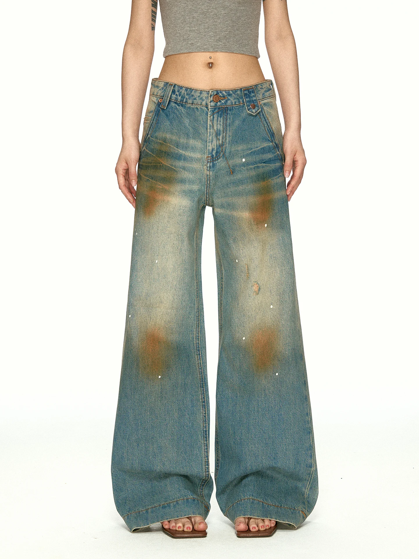 Aaisup Vintage Blue Faded Straight Leg Jeans Women's Low Waist Summer Washed Hand-coated Wide Leg Pants Casual Loose Fit