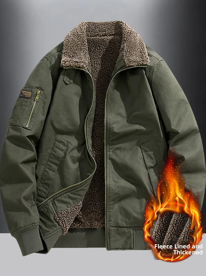 

Thiened Cotton Jaet Men's Winter Zipper Lamb Velvet Loose Warm Cotton Clothes Fce Lined Outerwear Workwear Military Sle