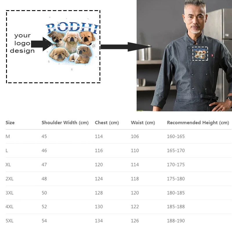 DIYロゴ入りシェフユニフォーム、長袖暖かいシェフジャケット、フロントポケット付き斜め襟スーツ、男性用ケータリング、コーヒー用
