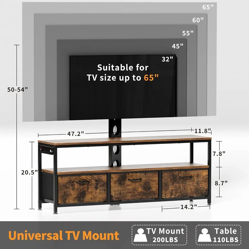 마운트 및 전원 콘센트가 있는 TV 스탠드, 서랍 보관함, 45, 55, 60/65 인치 TV용 LED, 높이 조절 가능 미디어 콘솔