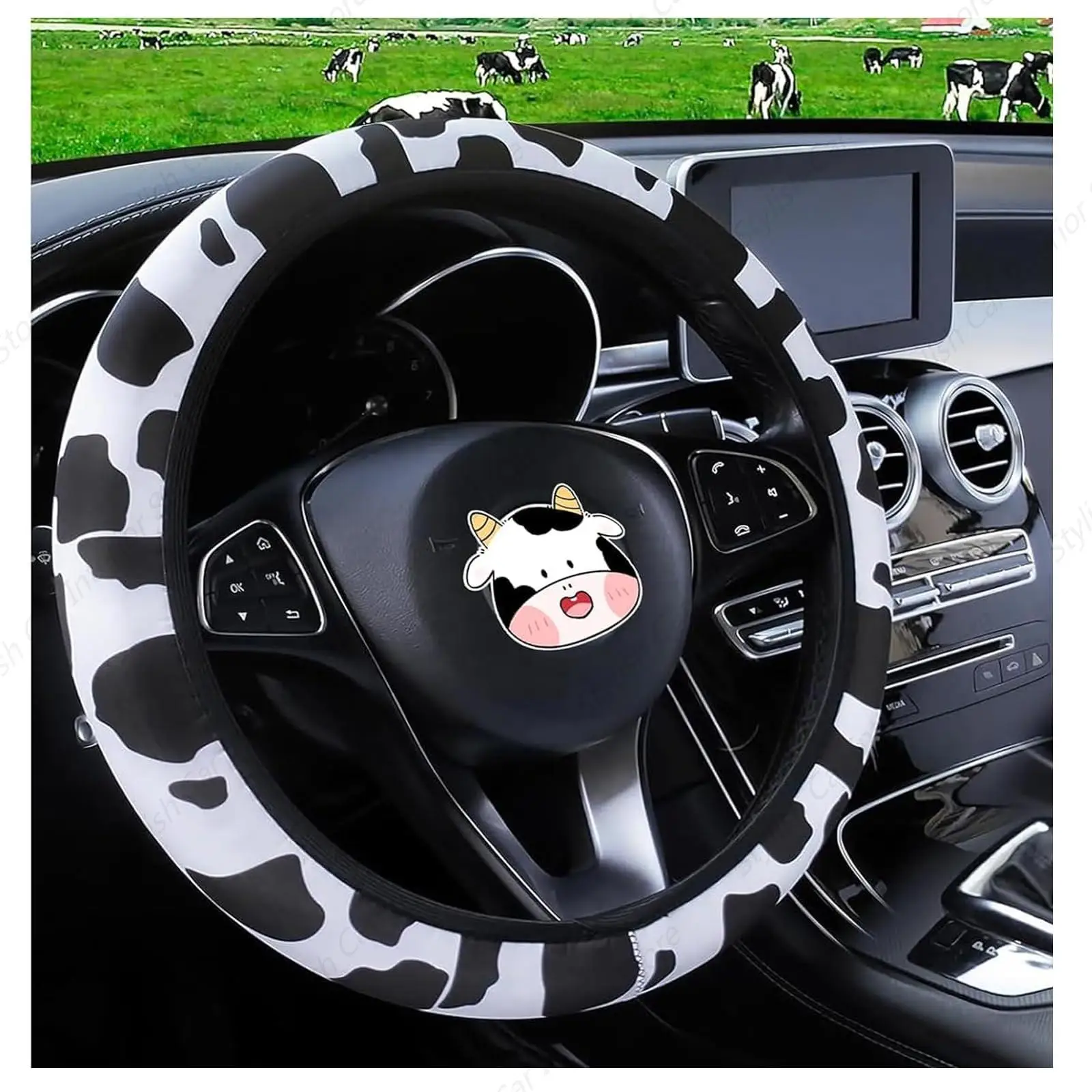 Brown Cow Print Steering Wheel Cover,Cute Auto Slip-Proof Breathable Cow-Pattern Covers Protector Universal