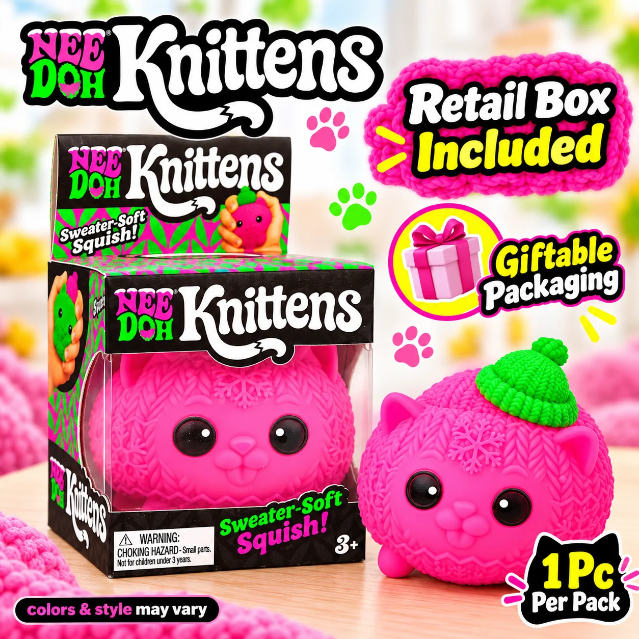 2027 Schylling NeeDoh Knittens Cute Cat Squishy Toy Soft Stretchy Squeeze Fidget Toy Stress Relief Sensory Toy for Kids Adults