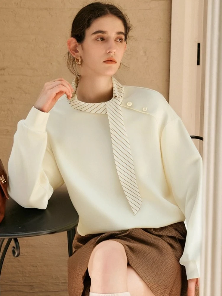 

OLrain Women's Sweatshirts Solid Tie-collar Long Sleeve Pullovers 2025 Autumn New in French Style Female Clothing M57QR000169