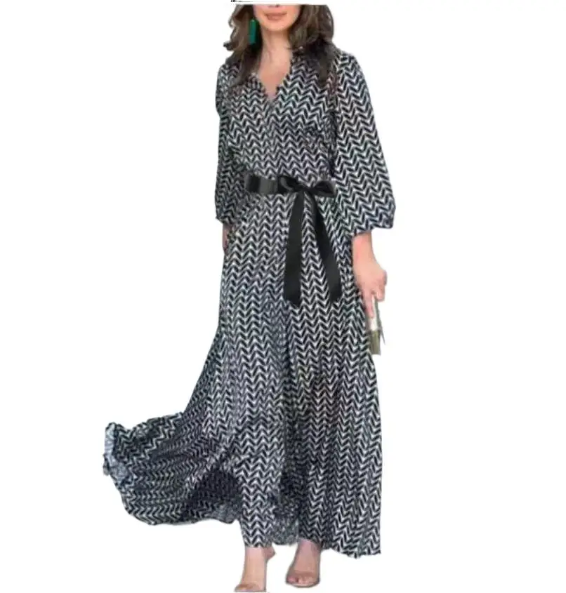 2025 New Spring Autumn Elegant Dress Women Black White Printed Vintage V Neck Fashion Leisure Gathering Women Slim Long Dresses