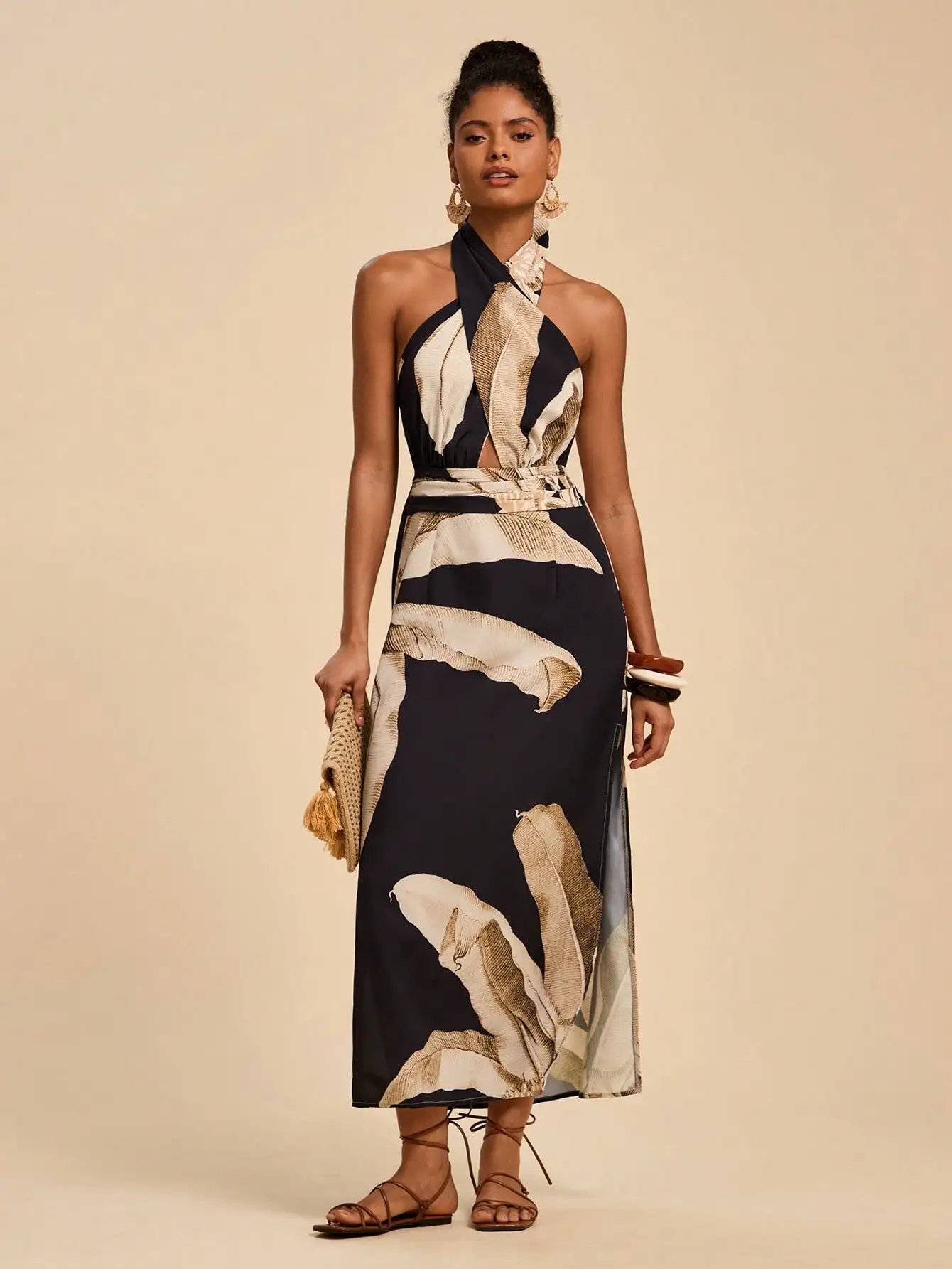 

Платье макси с завязками на шее и принтом в виде листьев, летнее платье в стиле бохо