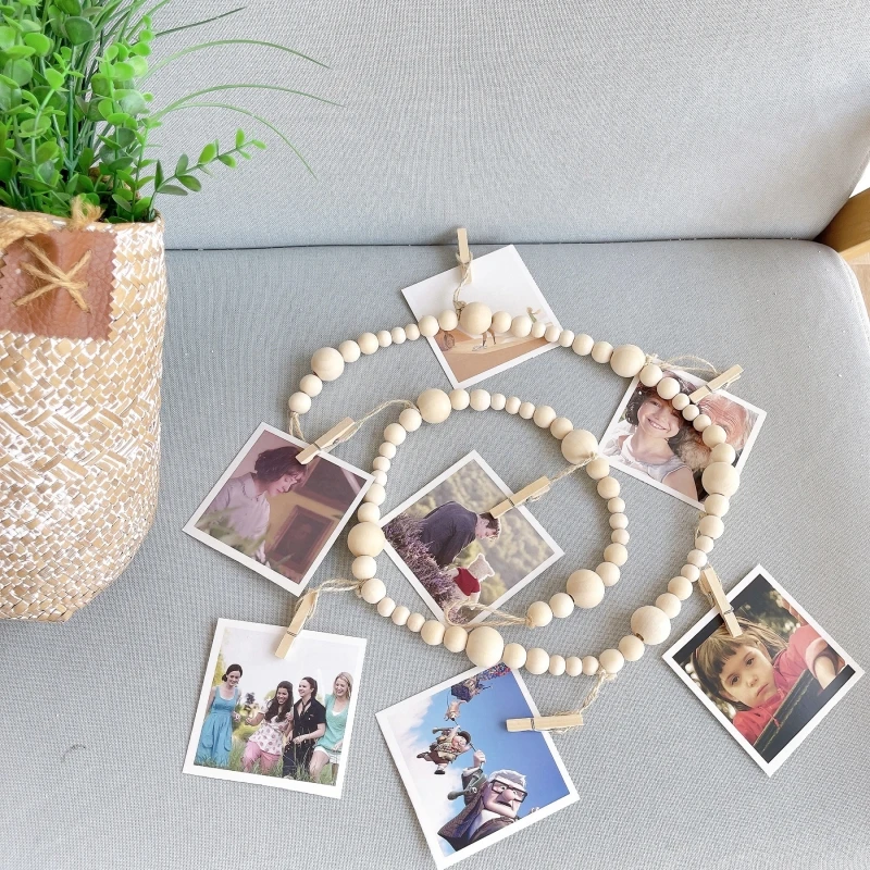 Wall Hanging Photo Display with Wooden Beads Garland Photo Storage Tassel String Wall Decor Photo Holder Rustic Family Decor