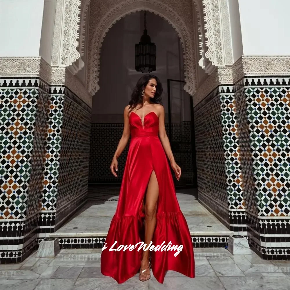 

Red V-Neck Prom Dresses 2025 Sleeveless A-Line Backless Split Evening Dress Floor-Length Pleated Wedding Party Dress Customized