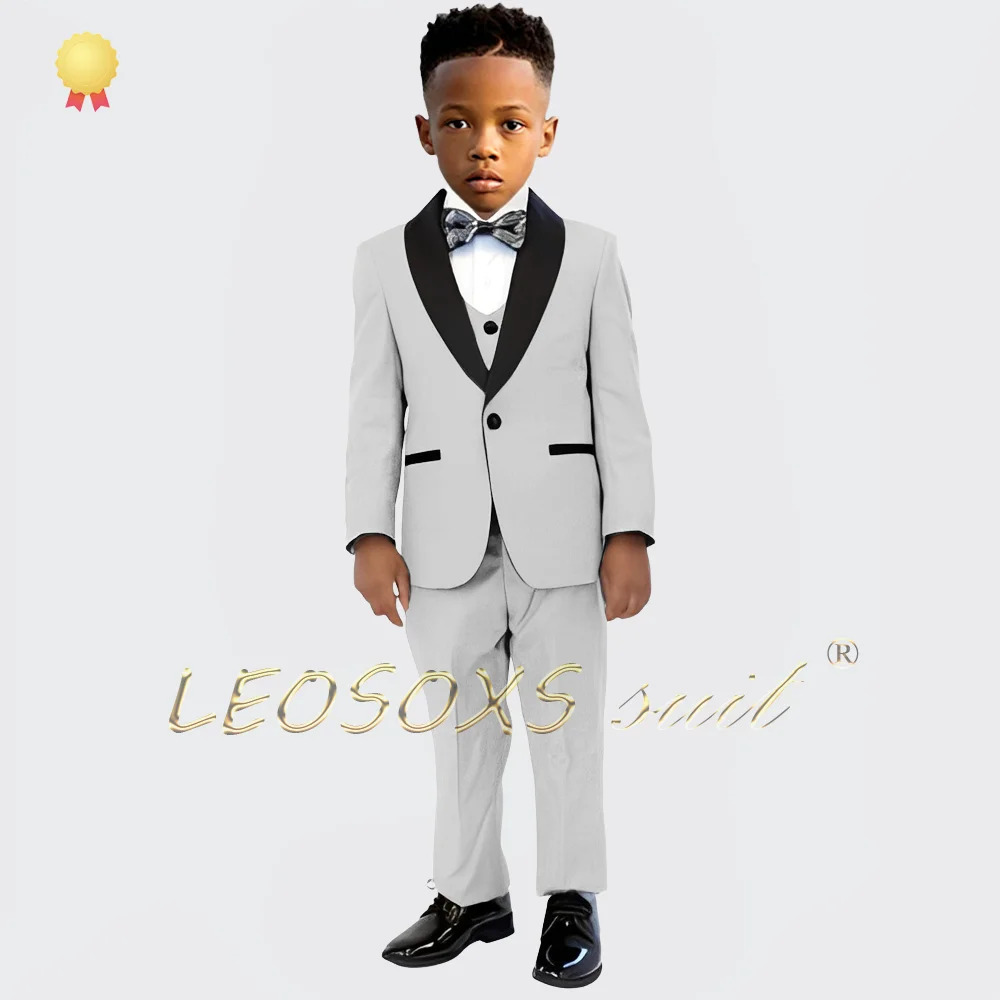 Boys' tailless suit ensemble, 3-piece set with a greenish collar jacket, vest, and trousers, suitable for boys aged 3 to 16.