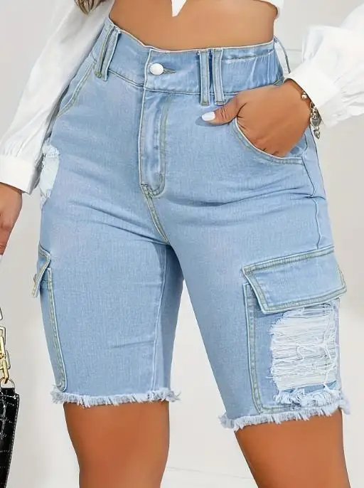 Women's Shorts 2025 Spring Summer New Solid Color Frayed Edges High Waist Pocket Design Streetwear Versatile Denim Shorts