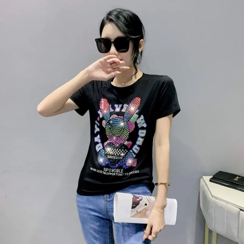 #5112 Black White Green Short Sleeve T Shirt Women Cartoon Diamonds Sexy Skinny Streetwear Tee O-neck Slim Elastic Cotton