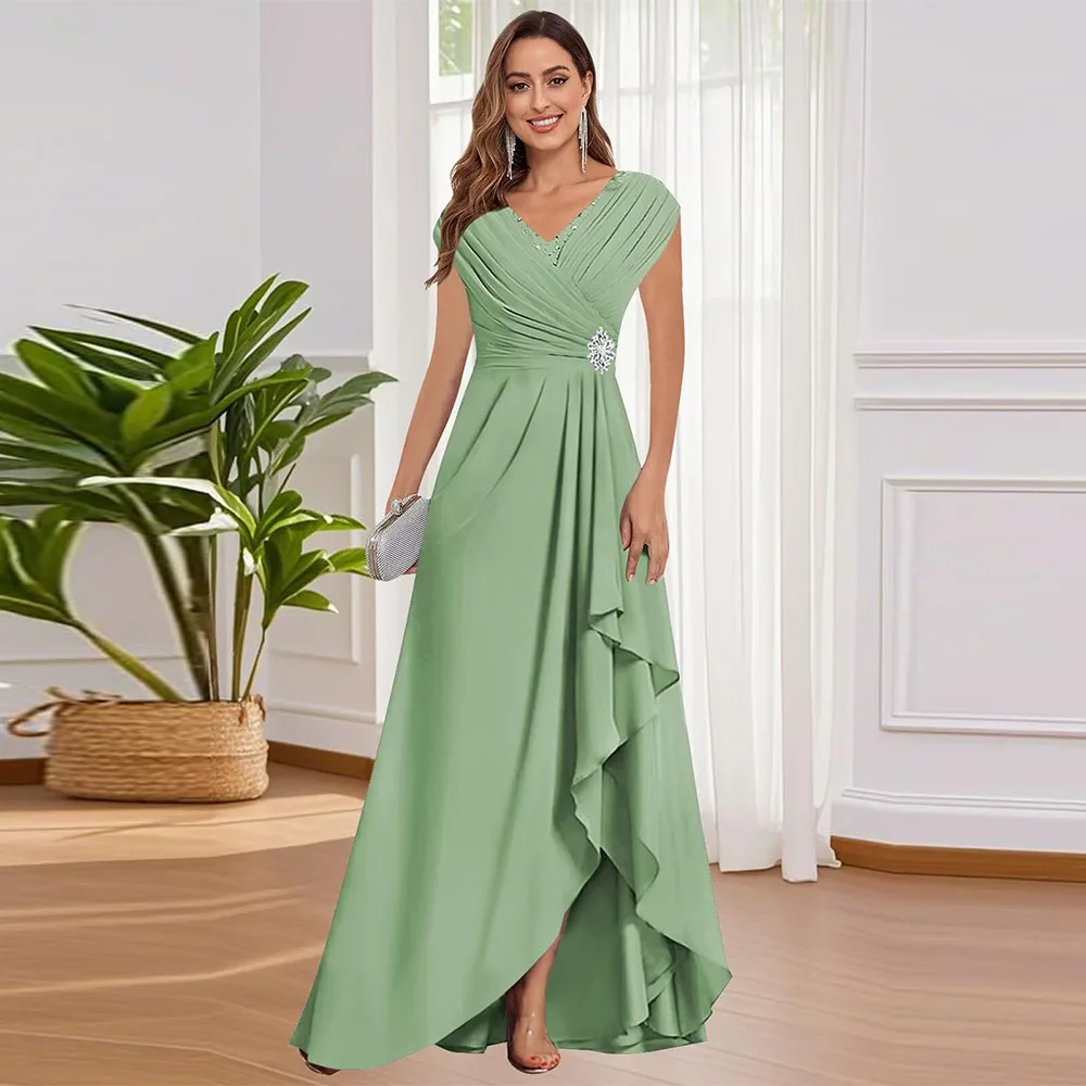 

Elegant Cap Sleeve Mother of The Bride Dresses Chiffon V Neck Ruffles Beaded A Line Long Formal Wedding Guest Dress Customized