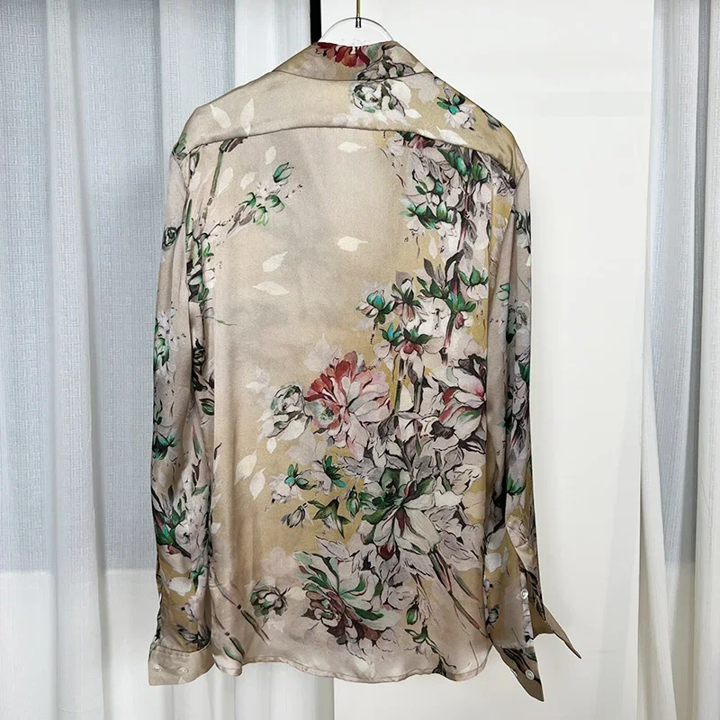 Blusas Vintage de satén para mujer, ropa coreana con estampado, Tops holgados de manga larga, cuello de Polo, camisas de seda para mujer, primavera y verano