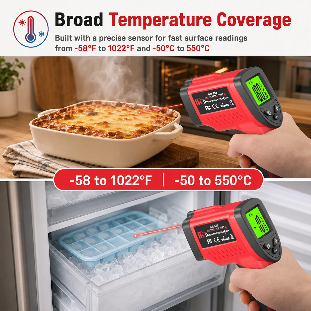 GM550 Non Contact Infrared Thermometer for Home Kitchen Grill Stove Refrigerator Freezer Indoor Surface Temperature Measurement