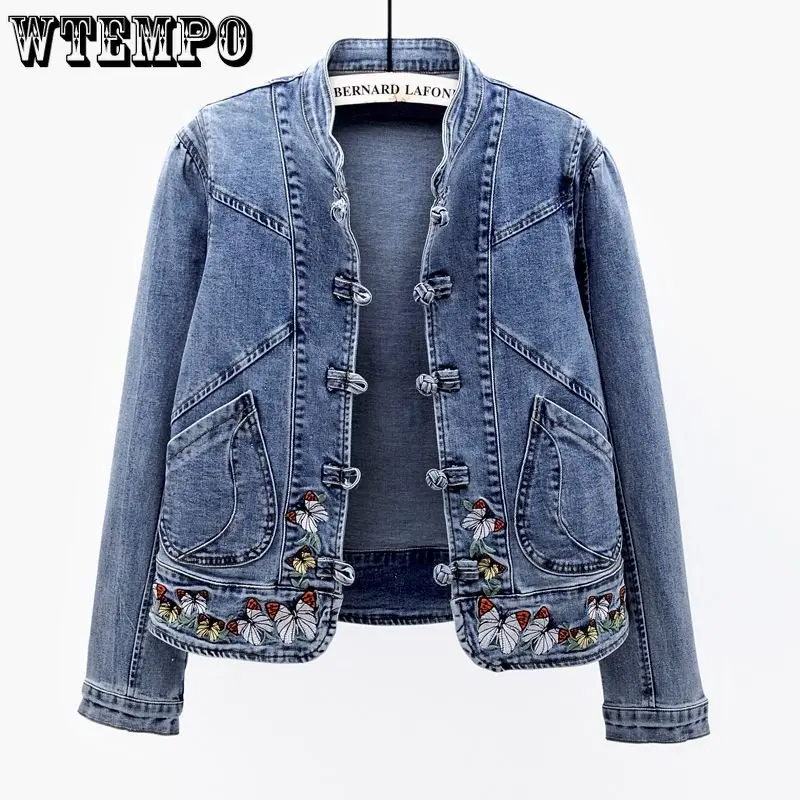 Short Denim Jacket Vintage Chinoiserie Embroidered Stretch Jacket Women\'s Spring and Autumn All Match Fashion Harajuku Slim Tops