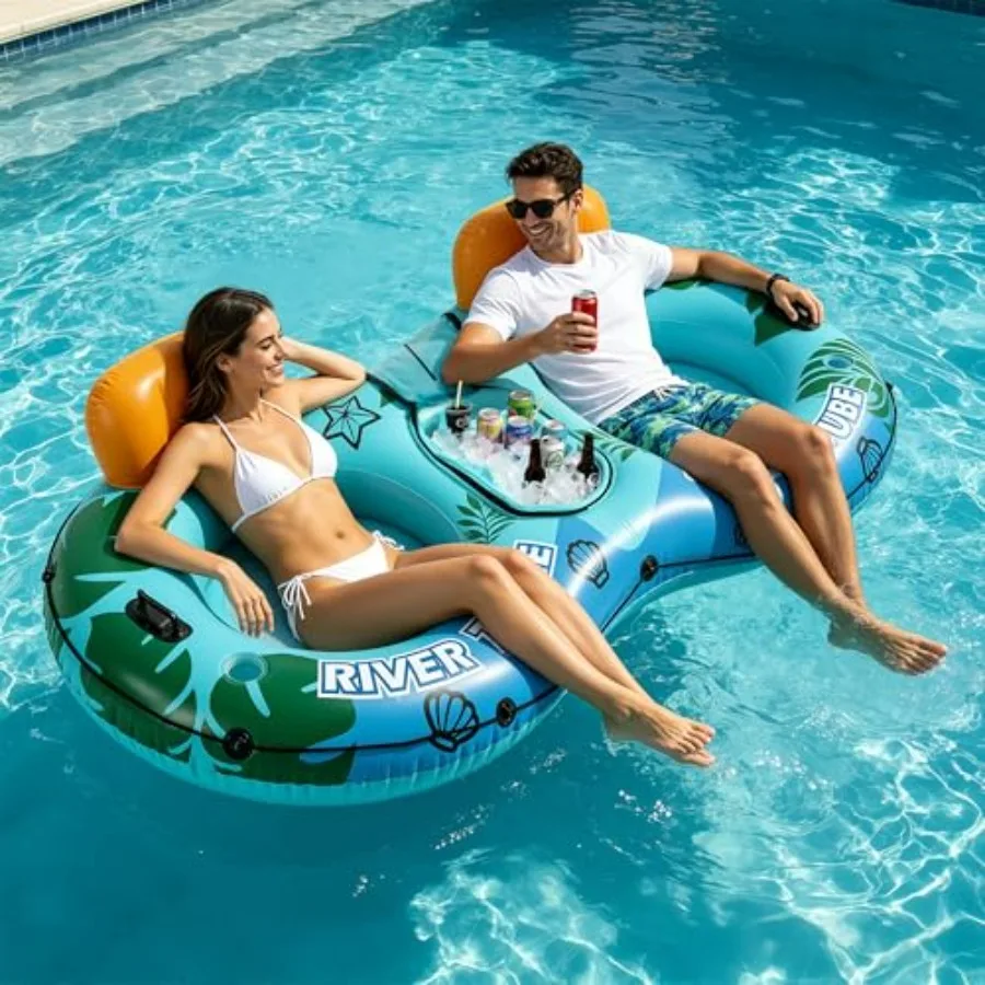 

Pool Floats Adult Heavy Duty River Tube for Outdoor Water Relaxation, PVC Green Blue with Backrests, Built-in Removable Cooler