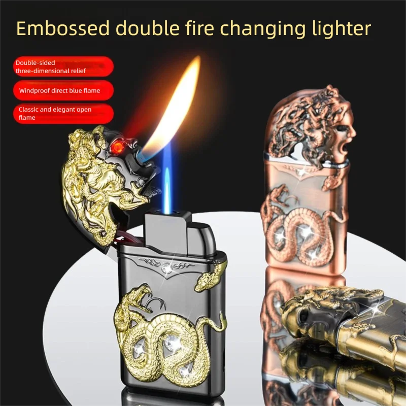 New Windproof Straight Flame Dual Flame Lighter Creative Double-sided Three-dimensional Relief Lighter Men's Smoking Gift