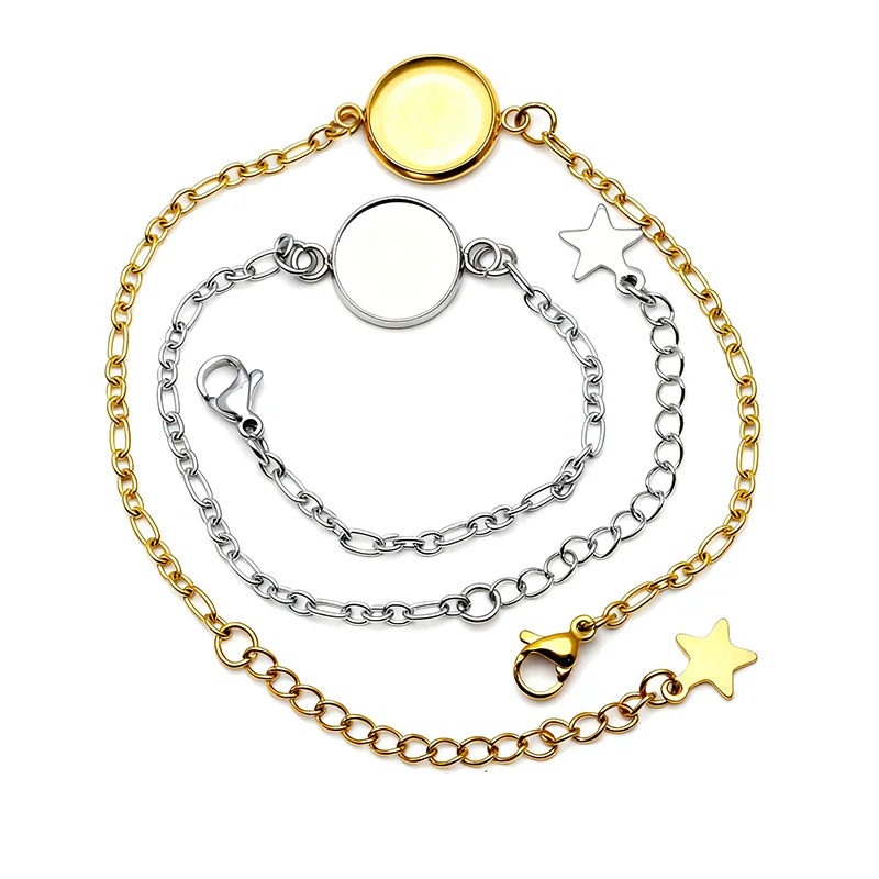 Stainless Steel 5pcs Vacuum Plating Gold Diy Fit 8-30mm Bracelet Settings Round Cabochon Base Different Circle Intervals Chain