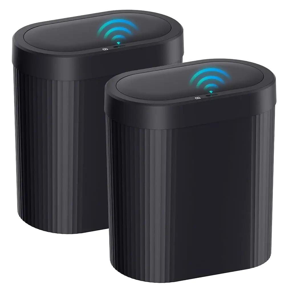 

2 Pack 5 Gallon Bathroom Trash Can with Lid, Automatic Motion Sensor Black Trash Can, Touchless Slim Waterproof Garbage Bin f
