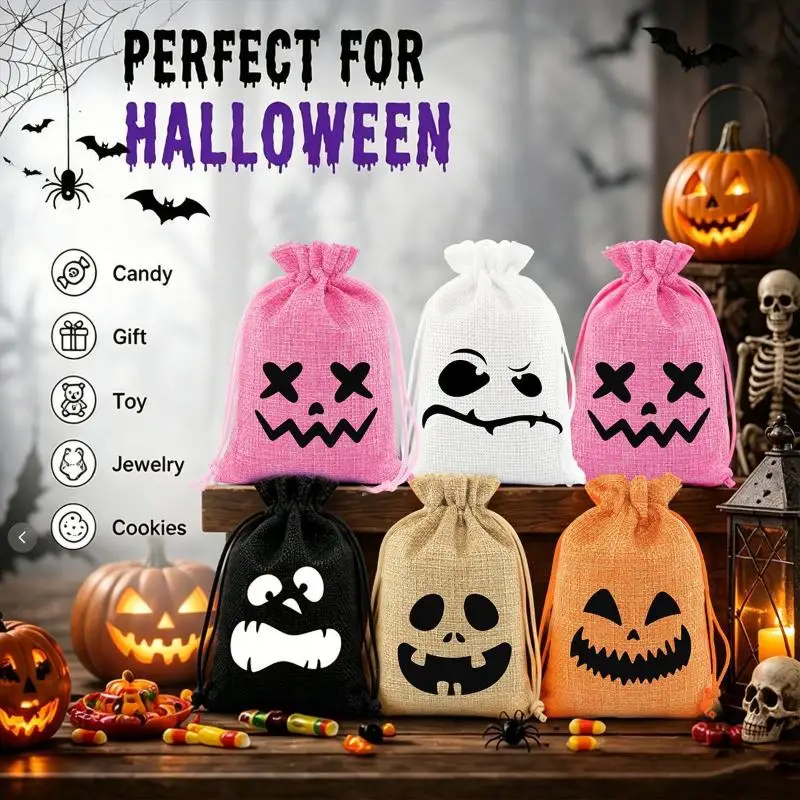 Halloween-Geschenktüten mit Kordelzug, Kürbis-Geister-Druck, 1/5 Stück, wiederverwendbare Süßigkeitentüten für Süßes oder Saures, Kinderparty-Geschenke – Detail 8