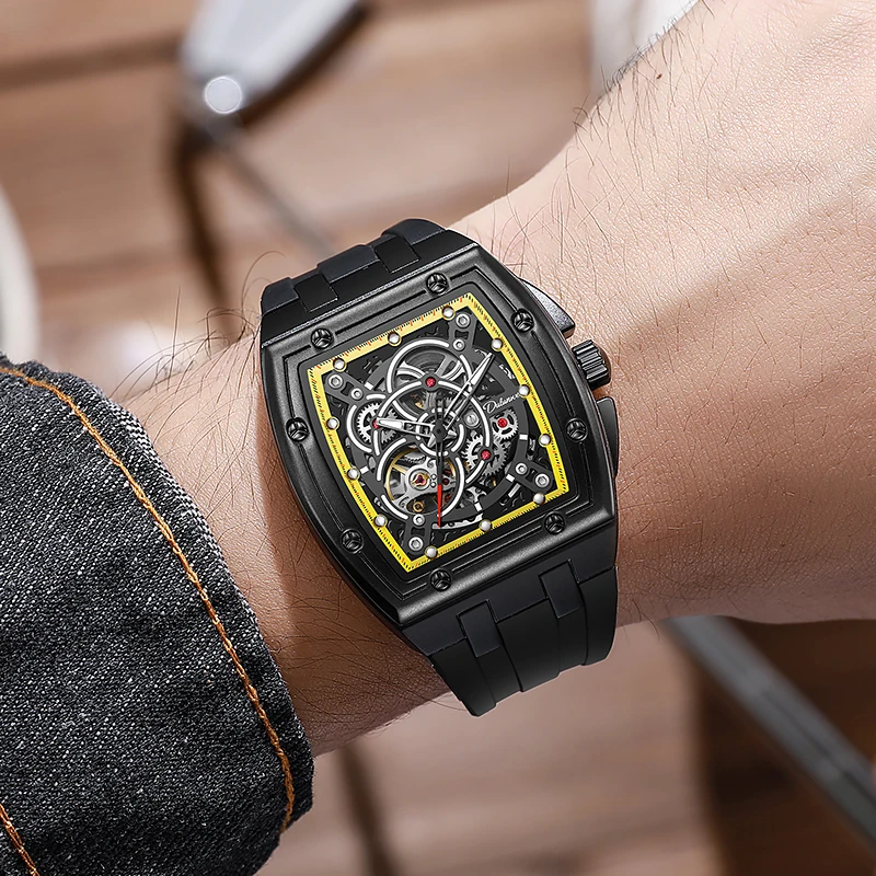 Dulunwe Tonneau Skeleton Automatic Watch Men Luxury Mechanical Wristwatch Silicone Strap Luminous Waterproof