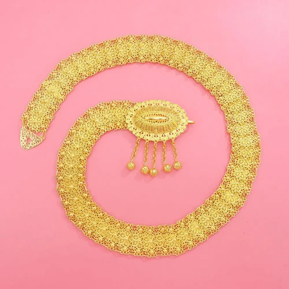 Heavy Duty Waist Chain Belt Flower Design Carved Hollow Pattern Long Coin Belt Tassel Pendant Alloy Material Hollow Chain Belt