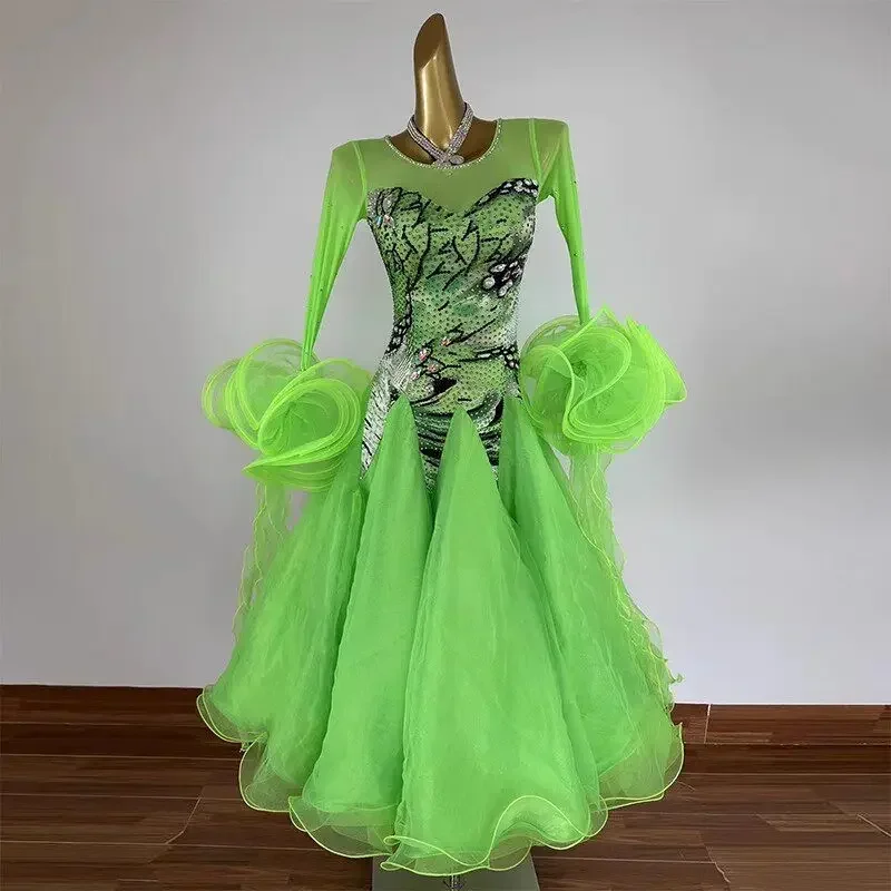 Women's Green Ballroom Dance Costume Sheer Sleeve Rhinestone Applique Flared Tulle Skirt For Latin Tango Competition Performance