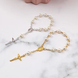Catholic Cross Finger Chain Mini Rosary Finger Baptism Rosaries Faux Pearls Bracelet for Baptism Favors Christening