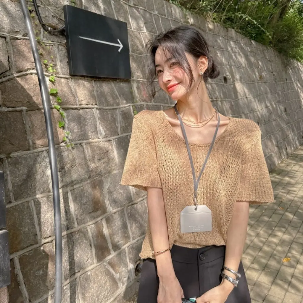 

Lickysenior Women's Summer Ribbon Yarn Knitwear Loose Mesh Cut out Breathable Short-Sleeved Casual T-Shirt Top