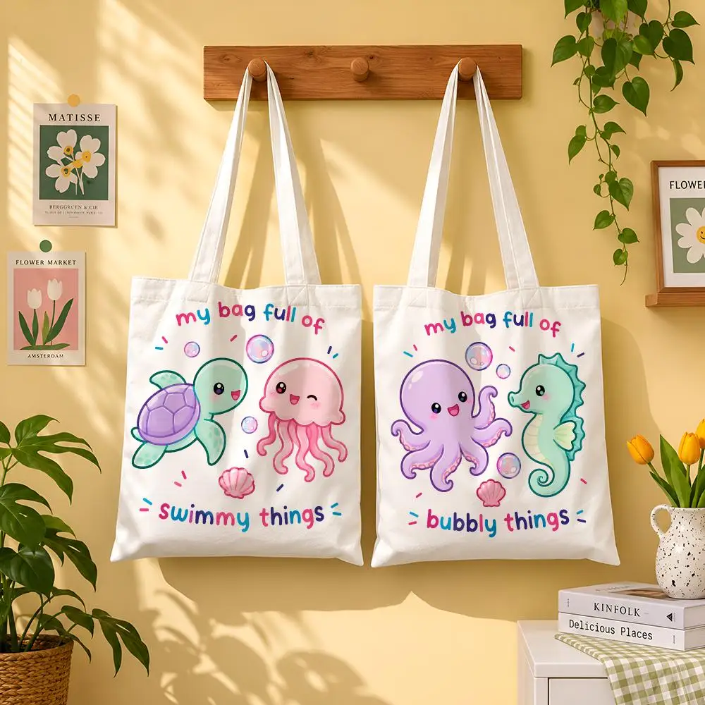 Kawaii Ocean Buddies Storage Bags 1pc Canvas Tote Bag Reusable Shopping Shoulder Bag For Women Daily Use
