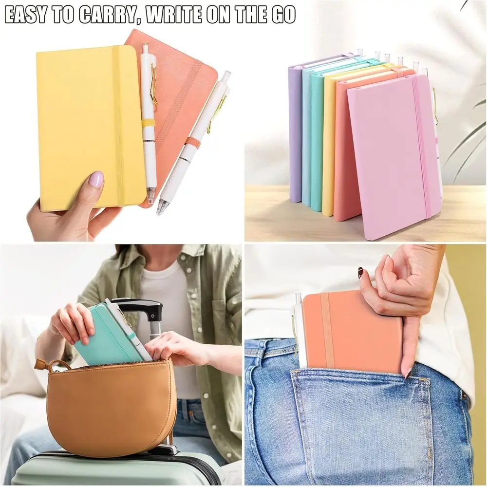 A6 Pastel Colored Mini Hardcover PU Leather Lined Notebooks with Built-in Pen Holder, 50 Sets, 3.5 x 5.5 Inch, College Ruled for
