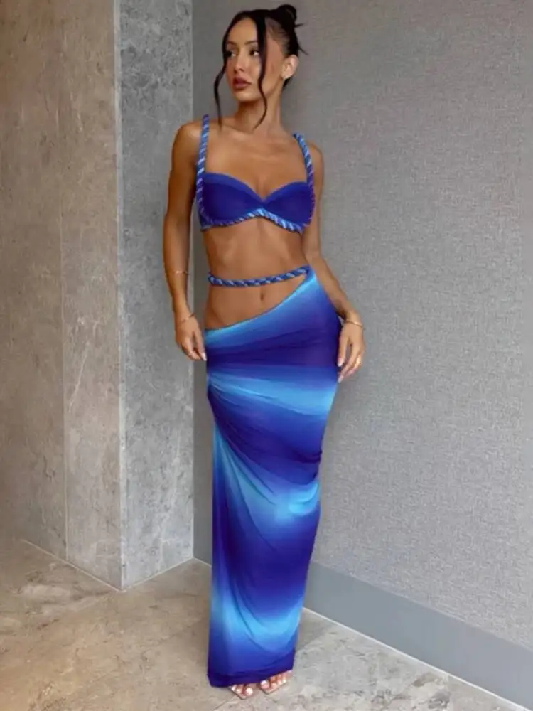 

Woven Sexy Women 2 Piece Set Stunning Hot Solid Pleated Crop Camisoles+High Waist Maxi Skirts Female Trend Vacation Outfit XBQ7