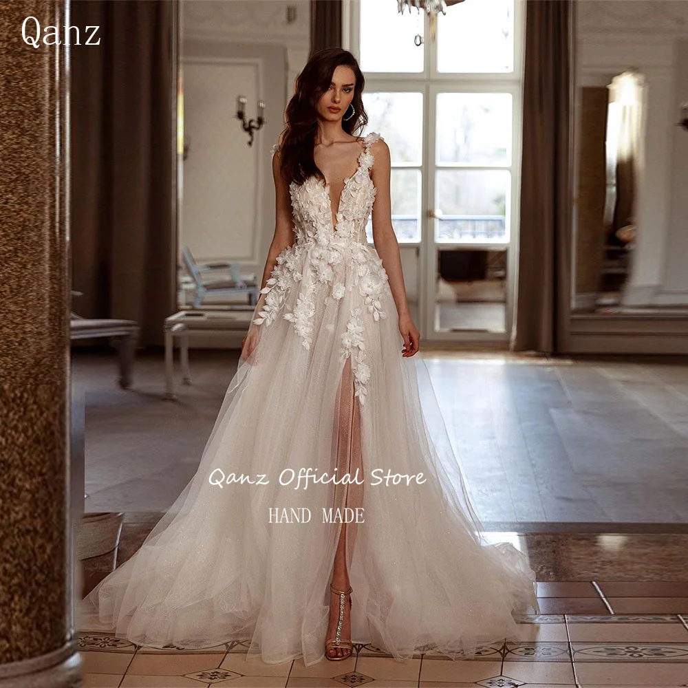 Qanz Boho Glitter Wedding Dresses 3D Flowers Appliques Tulle Long A Line High Slit Customized Dresses For Women Bridal Gowns