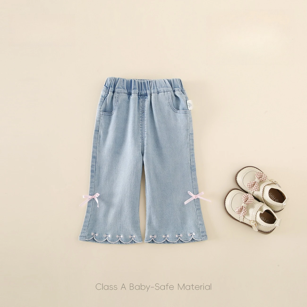 Autumn New Girl Baby Pants Close-fitting Comfortable Elastic Waist Lace Trim Bowknot Jeans